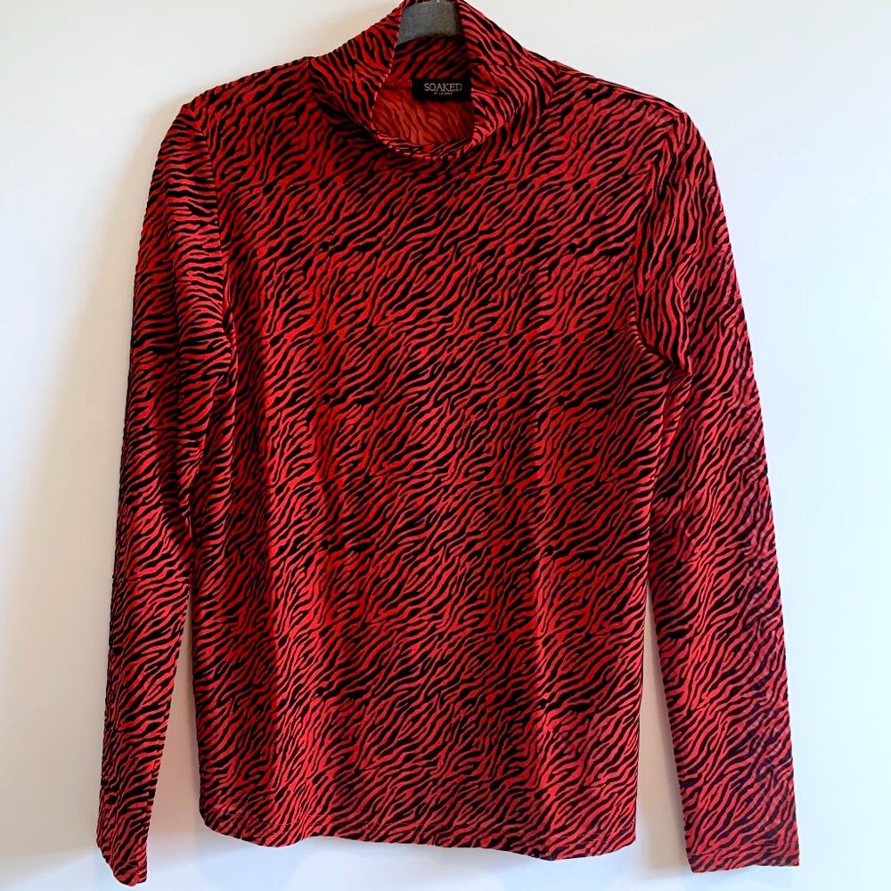 Red animal print mesh turtleneck